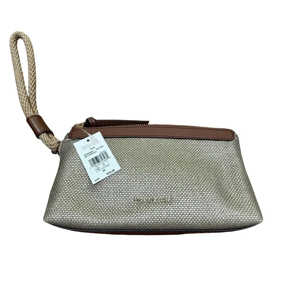 NWT Michael Kors Talia wristlet purse wallet pale gold zipper pouch canvas